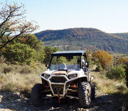 Quad blanc à l'arrêt pour une photo du paysage